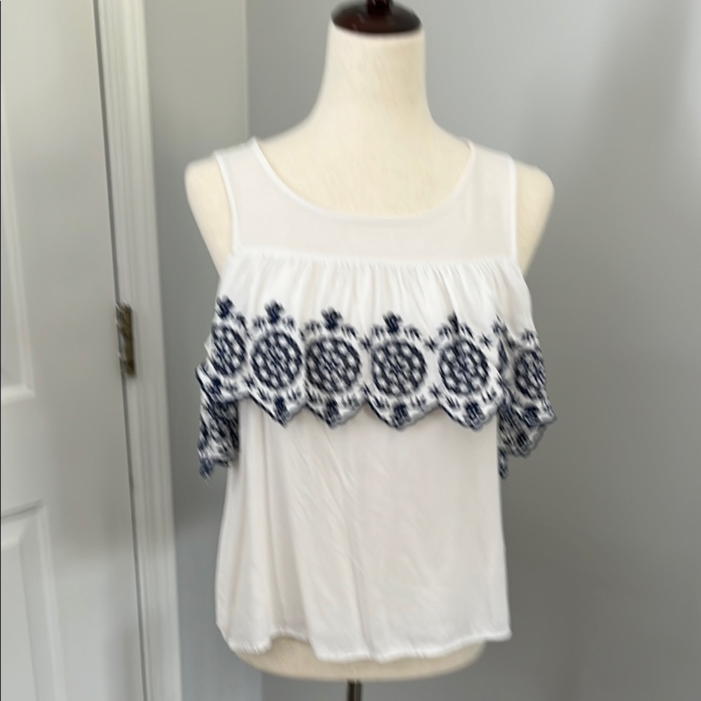 SO Shoulder Tank Top White and Navy Embroidered Detailing Size Large